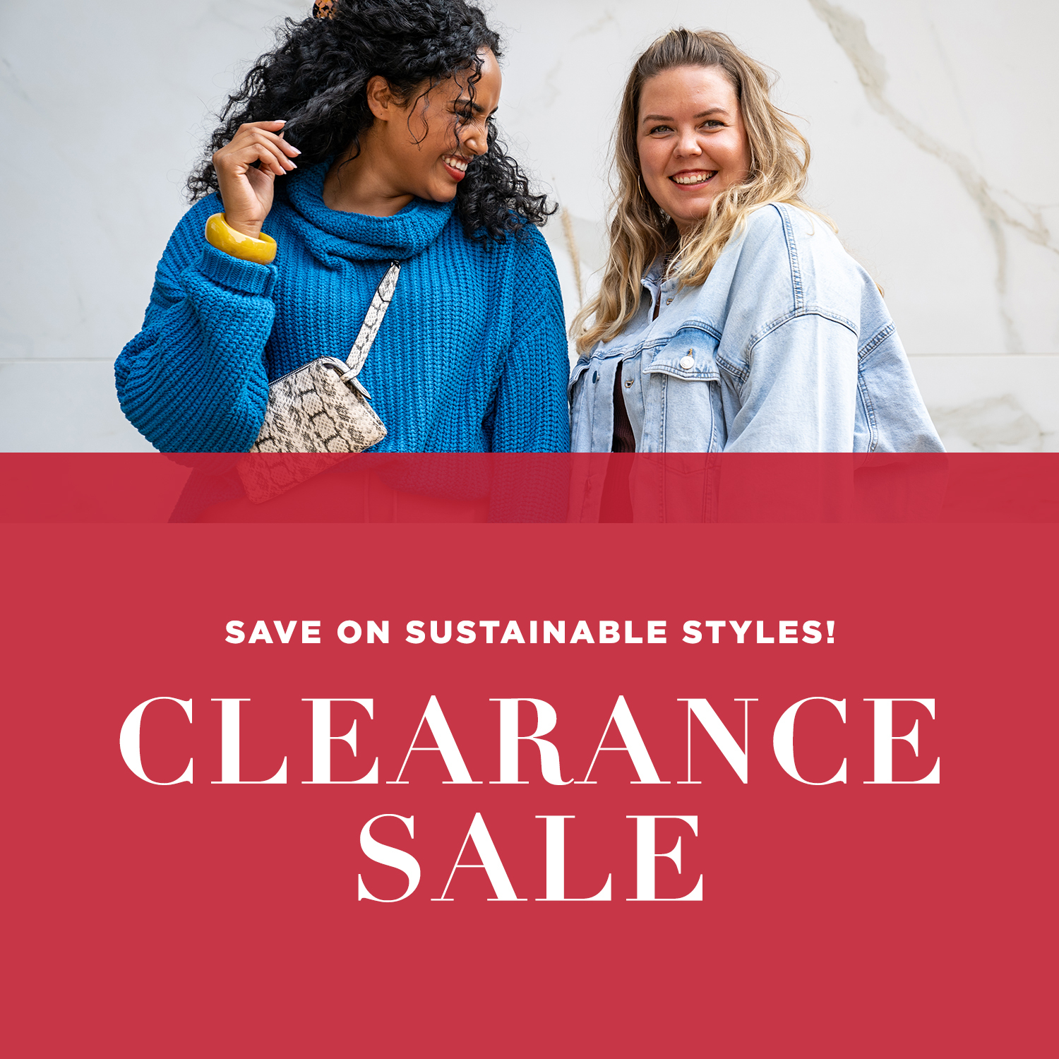 Two women standing together with text reading 