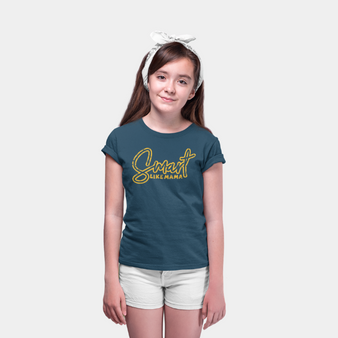 Smiling girl wearing blue Smart Like Mama t-shirt for kids