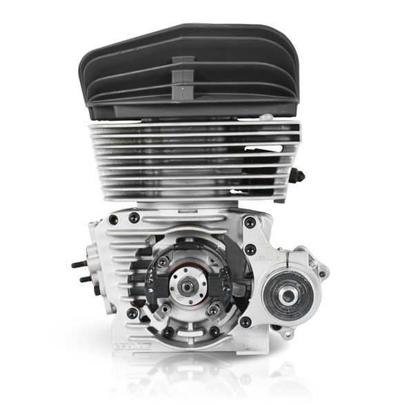 IAME KA100 kart engine package showing engine assembly, carburetor, exhaust, wiring harness and airbox