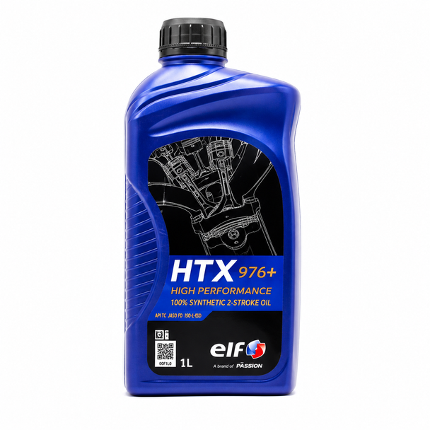 ELF HTX 976+ 100% synthetic 2-stroke racing oil supplied in a 1-litre bottle.