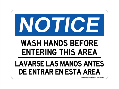 Wash Hands Before Entering This Area English/Spanish, Notice Sign