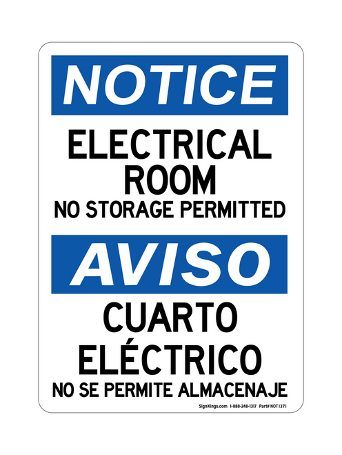 Electrical Room No Storage Permitted English/Spanish, Notice Sign