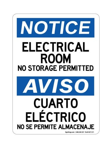 Electrical Room No Storage Permitted English/Spanish, OSHA Notice Sign (Part#: NOT1371)