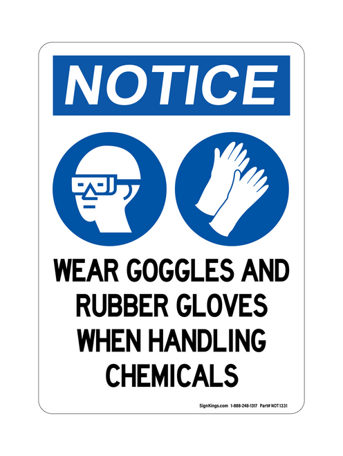 Wear Goggles And Rubber Gloves When Handling Chemicals (PPE Symbols), Notice Sign