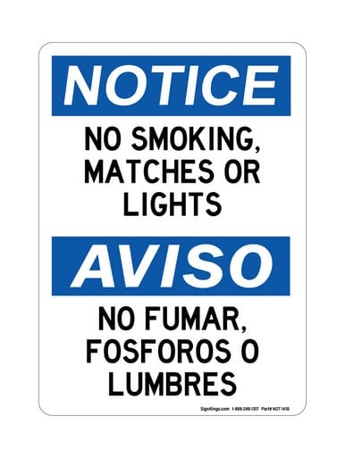 No Smoking, Matches Or Lights English/Spanish, OSHA Notice Sign (Part#: NOT1418)