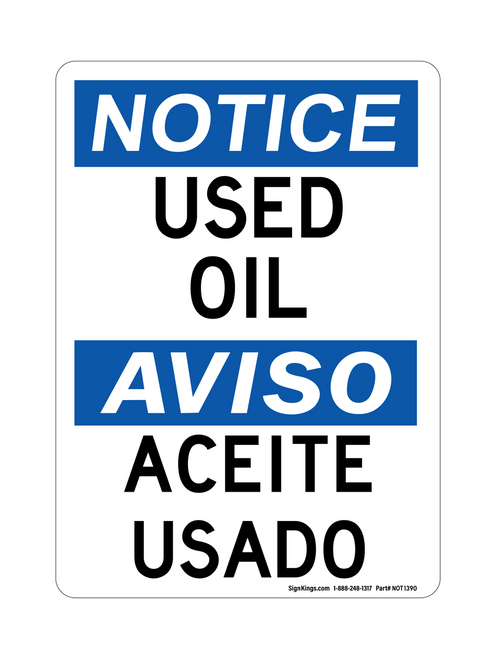 Used Oil, English/Spanish, Notice Sign