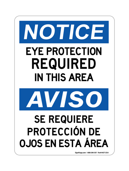 Eye Protection Required In This Area English/Spanish, Notice Sign
