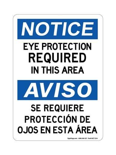 Eye Protection Required In This Area English/Spanish, OSHA Notice Sign (Part#: NOT1354)