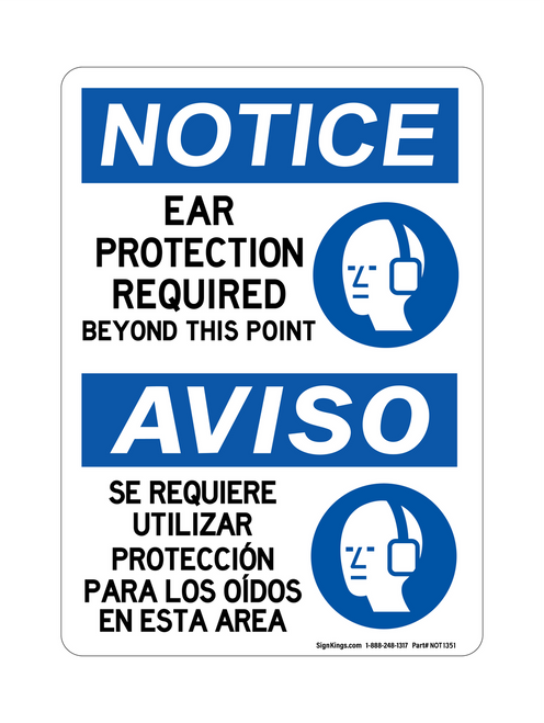 Ear Protection Required Beyond This Point (PPE Symbol) English/Spanish, Notice Sign