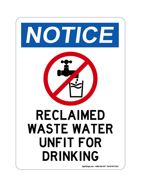 Reclaimed Waste Water Unfit For Drinking (No Water Symbol), English/Spanish, Notice Sign