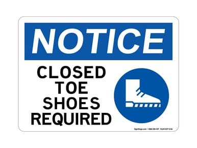 Closed Toe Shoes Required (With Blue Shoe Symbol), OSHA Notice Sign (Part#: NOT1246)