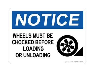 Wheels Must Be Chocked Before Loading Or Unloading (Wheel Wedge Symbol), OSHA Notice Sign (Part#: NOT1286)