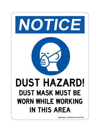 Dust Hazard! Dust Mask Must Be Worn While Working In This Area (PPE Symbol), OSHA Notice Sign (Part#: NOT1314)