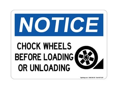 Chock Wheels Before Loading Or Unloading (Wheel Wedge Symbol), OSHA Notice Sign (Part#: NOT1287)