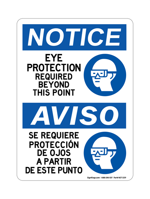 Eye Protection Required Beyond This Point (PPE Symbol) English/Spanish, Notice