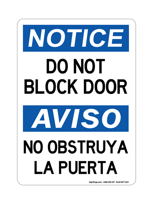 Do Not Block Door English/Spanish, Notice Sign