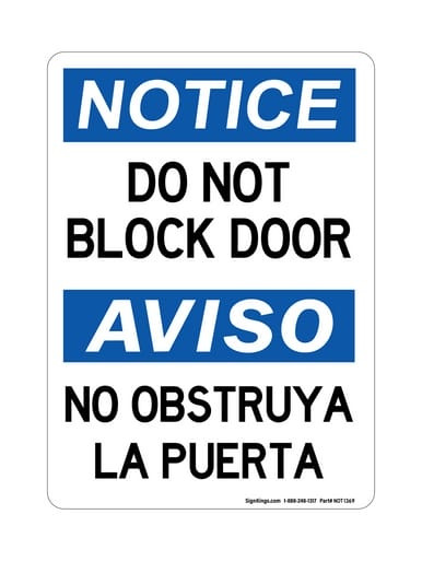 Do Not Block Door English/Spanish, OSHA Notice Sign (Part#: NOT1369)