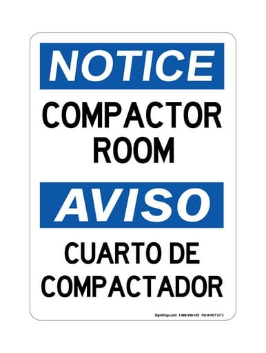 Compactor Room English/Spanish, OSHA Notice Sign (Part#: NOT1373)