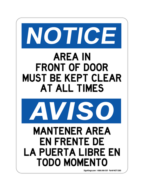 Area In Front Of Door Must Be Kept Clear At All Times English/Spanish, Notice Sign