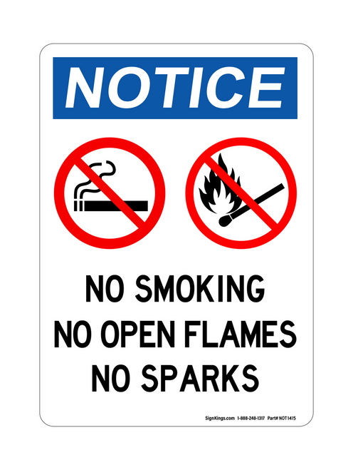No Smoking No Open Flames No Sparks (No Smoking, Matches, Flames Symbols), Notice Sign