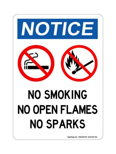 No Smoking No Open Flames No Sparks (No Smoking, Matches, Flames Symbols), OSHA Notice Sign (Part#: NOT1415)