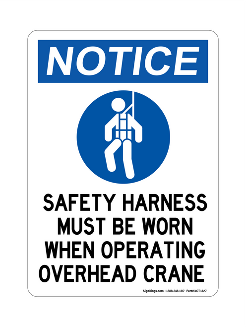 Safety Harness Must Be Worn When Operating Overhead Crane (PPE Symbol), Notice Sign