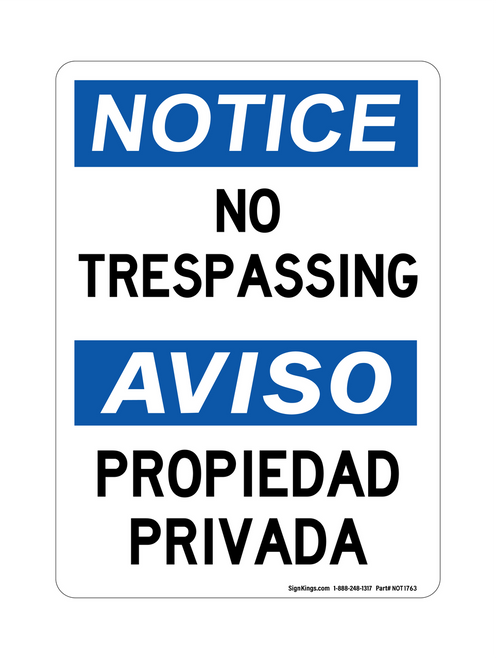 No Trespassing English/Spanish, Notice Sign