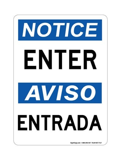 Enter English/Spanish, OSHA Notice Sign (Part#: NOT1767)