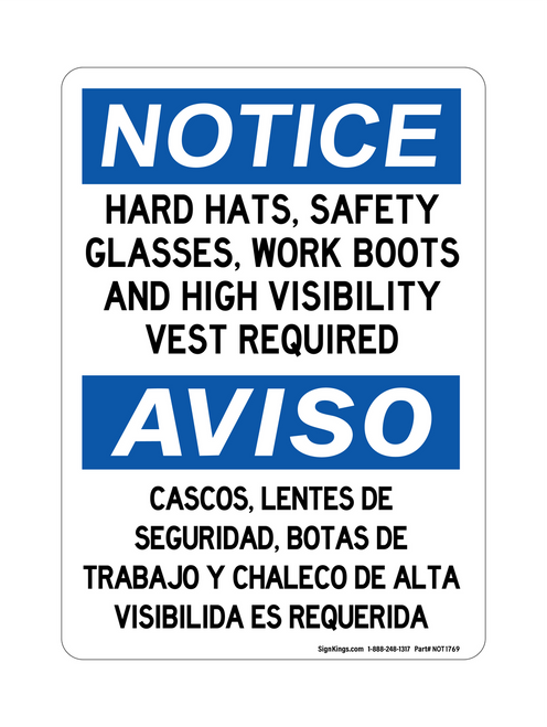 Hard Hats, Safety Glasses, Work Boots And High Visibility Vest Required English/Spanish, Notice Sign