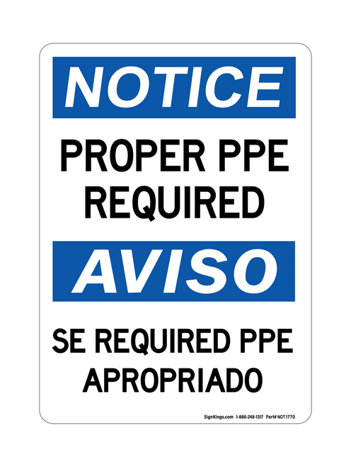 Proper PPE Required English/Spanish, Notice Sign