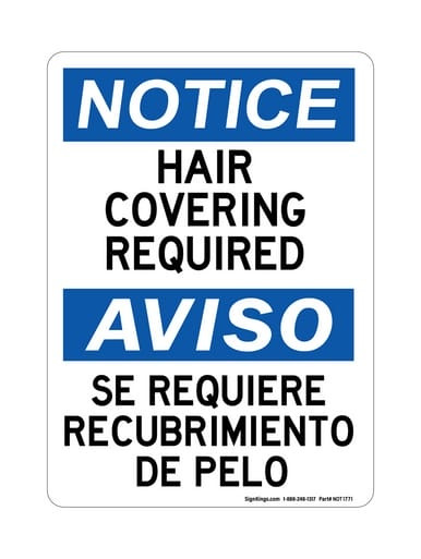 Hair Covering Required English/Spanish, OSHA Notice Sign (Part#: NOT1771)