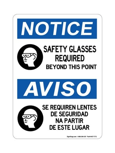 Safety Glasses Required Beyond This Point (PPE Symbol) English/Spanish, OSHA Notice Sign (Part#: NOT1772)