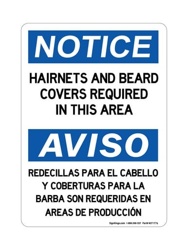 Hairnets And Beard Covers Required In This Area English/Spanish, OSHA Notice Sign (Part#: NOT1776)