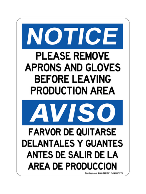 Please Remove Aprons And Gloves Before Leaving Production Area English/Spanish, Notice Sign
