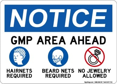 GMP Area Ahead Hairnets Beard Nets Required No Jewelry Allowed (PPE And No Jewelry Symbols) , OSHA Notice Sign (Part#: NOT1780)