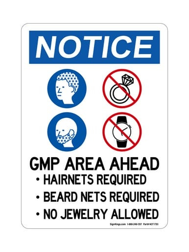 GMP Area Ahead Hairnets Beard Nets Required No Jewelry Allowed (PPE And Nor Jewelry Symbols) Version 2, OSHA Notice Sign (Part#: NOT1781)