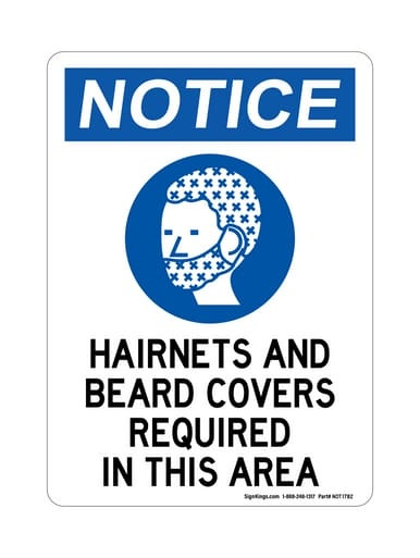 Hairnets And Beard Covers Required In This Area (PPE Symbol), OSHA Notice Sign (Part#: NOT1782)