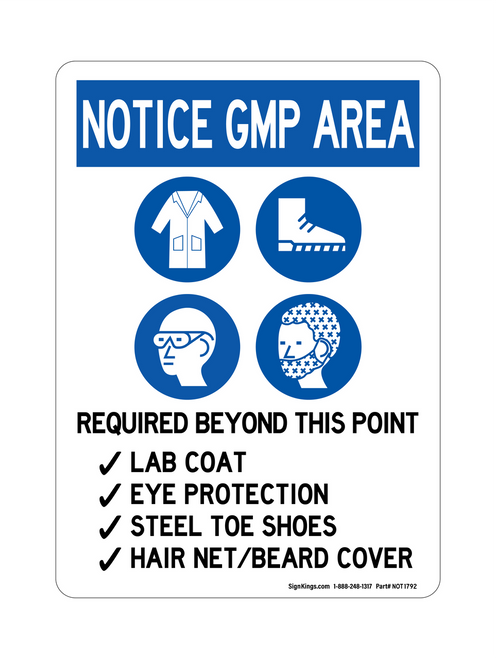 Required Beyond This Point Lab Coat Eye Protection Steel Toe Shoes Hair Net/Beard Cover (PPE Symbols), Notice Sign