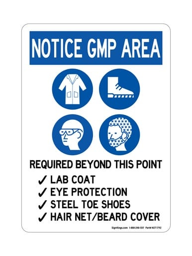 Required Beyond This Point Lab Coat Eye Protection Steel Toe Shoes Hair Net/Beard Cover (PPE Symbols), OSHA Notice Sign (Part#: NOT1792)