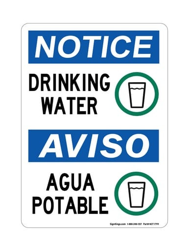 Drinking Water (Allowed Water Symbol) English/Spanish, OSHA Notice Sign (Part#: NOT1799)