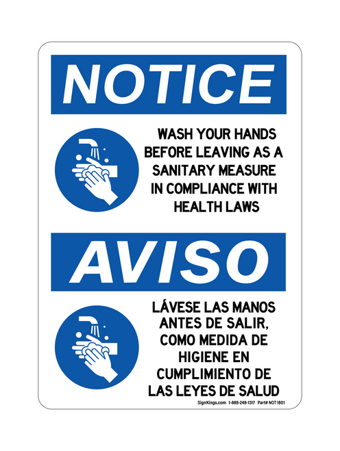 Wash Your Hands Before Leaving As A Sanitary Measure In Compliance With Health Laws (Hand Washing Symbol)English/Spanish, Notice Sign