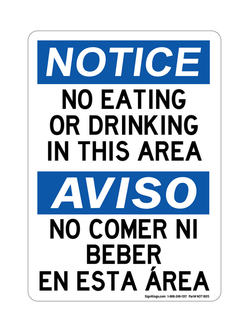 No Eating Or Drinking In This Area English/Spanish, Notice Sign