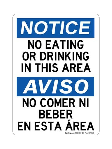 No Eating Or Drinking In This Area English/Spanish, OSHA Notice Sign (Part#: NOT1805)