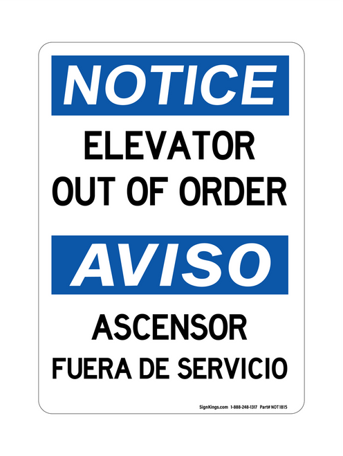 Elevator Out Of Order English/Spanish, Notice Sign