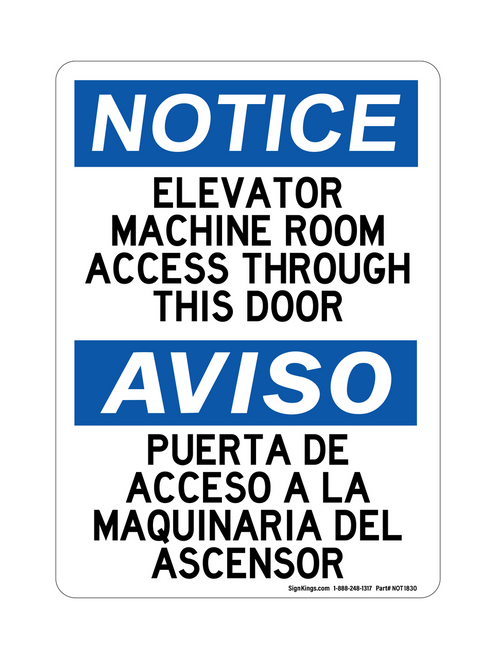 Elevator Machine Room Access Through This Door, English/Spanish, Notice Sign