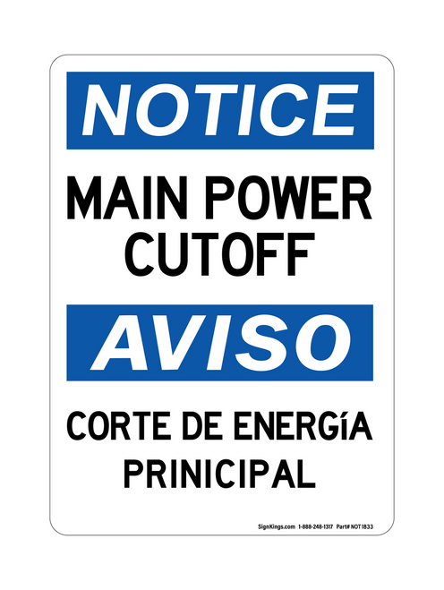 Main Power Cutoff, English/Spanish, Notice Sign