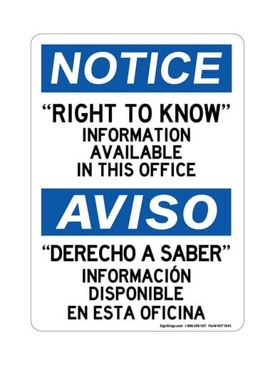 Right To Know Information Available In This Office, English/Spanish OSHA Notice Sign (Part#: NOT1845)