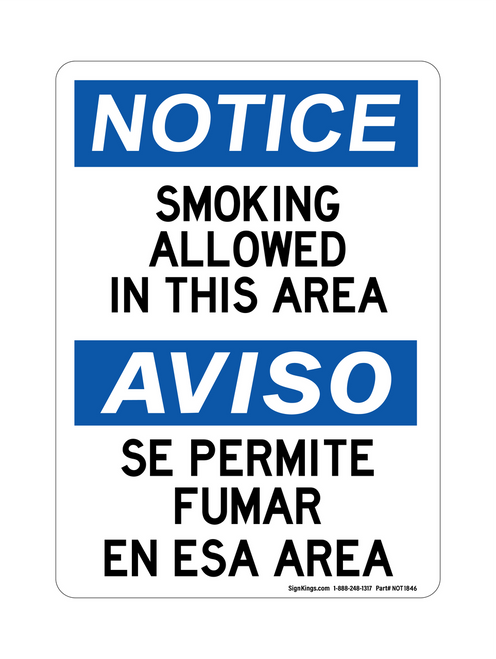 Smoking Allowed In This Area English/Spanish, Notice Sign