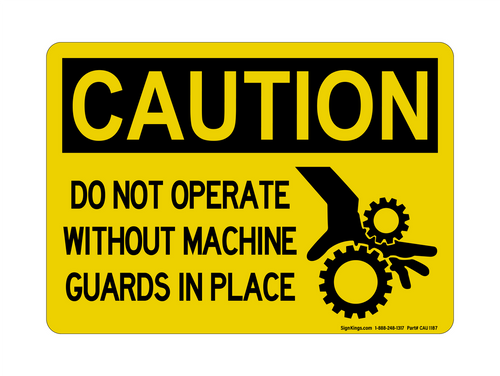 Do NO REFt Operate Without Machine Guards In Place (Hand In Gear Symbol), Caution Sign