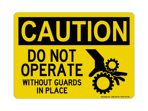 Do Not Operate Without Guards In Place (Hand In Gear Symbol), Caution Sign
